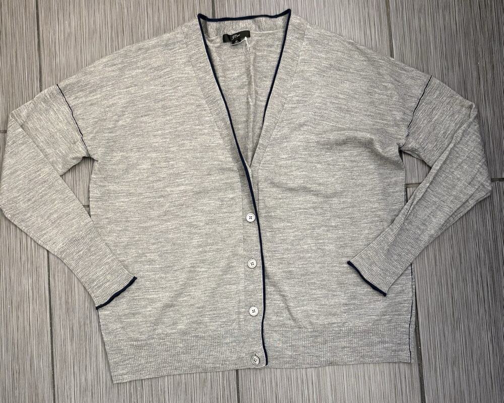 J Crew Merino Wool Cardigan Sweater Women’s Medium Gray Blue Tipped V Neck